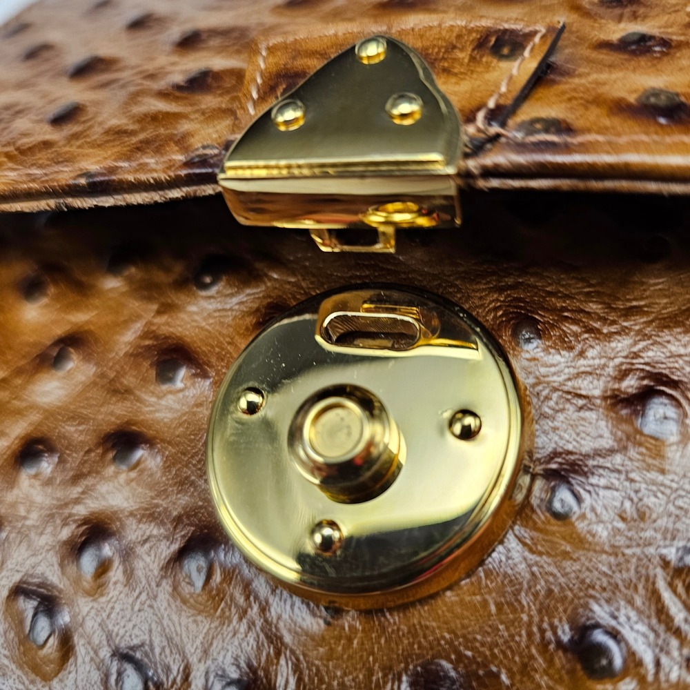 Andalossi Ostrich Embossed Leather Crossbody Flap Chain Shoulder Bag‎ Gold Tan - Picture 5 of 16